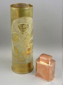 A 1943 TRENCH ART SHELL CASE and a lidded copper tea caddy, 29 and 10 cms high respectively