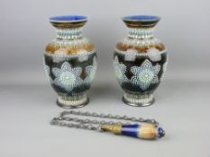 A PAIR OF DOULTON LAMBETH STONEWARE VASES and a chain pull, 21 cms high the vases, impressed
