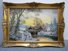 JOHN CORCORAN oil on canvas - snow covered bridge, cottage and church spire, signed, 50 x 75 cms