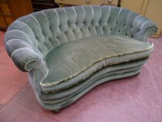 A VINTAGE BUTTON UPHOLSTERED CURVED BACK COUCH with serpentine front on bun feet, 75 cms high, 153