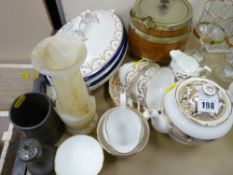 Part set of gilt teaware, plated and wooden biscuit barrel, pewter pepper pots etc