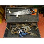 Vintage wooden toolbox and contents