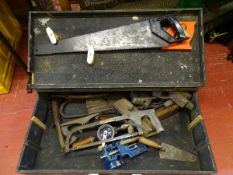 Vintage wooden toolbox and contents