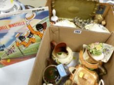 Two boxes of mixed porcelain and metalware including Torquay, cottage ware, toast rack etc
