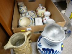Box of mixed pottery including Masons Regency and a large pewter lidded pottery jug etc