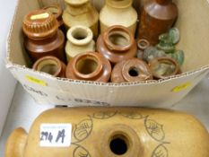 Box of earthenware receptacles and a Doulton's 'Improved Footwarmer'