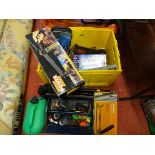 Yellow crate with garage items contents and a cantilever toolbox and contents