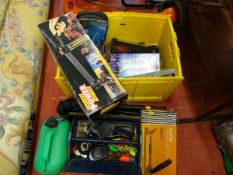 Yellow crate with garage items contents and a cantilever toolbox and contents