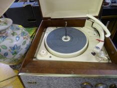 Alba portable record player with a Garrard turntable and a floral pottery lamp E/T