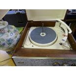 Alba portable record player with a Garrard turntable and a floral pottery lamp E/T