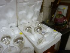 Set of six glass and silvered candleholder goblets, an art brass vase, a thermometer and two picture