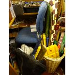 Parcel of outdoor activity games - cricket set, hockey sticks etc in a wicker basket