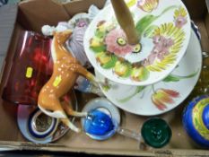 Box of mixed glass and china including cranberry glass jug, possibly Beswick horse etc