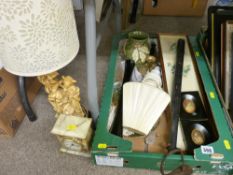 Box of collectables to include a long truncheon, a figural lamp, onyx mantel clock etc