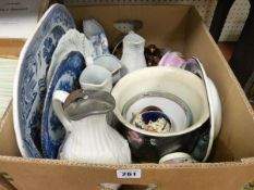 Box of mixed Staffs china including chamberpot, blue and white etc