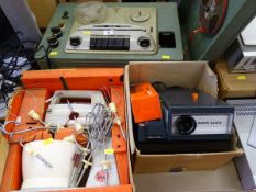 Vintage Perth reel to reel player, a Rank Aldis magazine slide projector and a vintage boxed