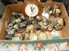 Box of collectable bird and animal figurines, various makers, vintage style wall clock etc