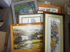 Vintage wall mirror and a quantity of framed woolwork pictures