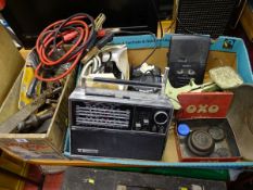 Vintage 'Libbys Corned Beef' wooden box and garage tool contents, jump leads etc and a small