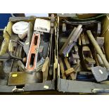 Two boxes of vintage block planes, mortice gauges, mallets, hand saws etc