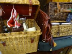 Parcel of wicker picnic hampers and contents etc