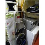 Parcel of household items, ironing board, canvas deckchair, portable folding seats, stepladder and