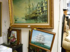 Gilt framed print - threemaster ship, a framed oil - threemaster and an Oriental print