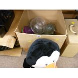Penguin soft toy by Clintons and a box of kitchen ceramics including modern dinnerware