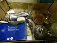 Box of glassware, metalware etc