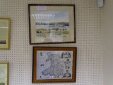 J HUGHES watercolour - Menai Bridge and a map of Wales