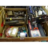 Quantity of vintage taps and dies, drill bits, soldering iron and a multi-drawer chest of nuts,