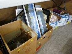 Three boxes of mixed items including prints and paintings, linen etc