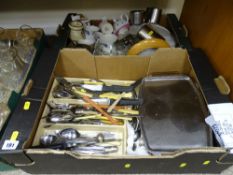 Two boxes containing kitchenware, cutlery etc