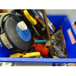 Blue tub of hand tools, extension cable, sash clamp etc and a two step small white stepladder E/T