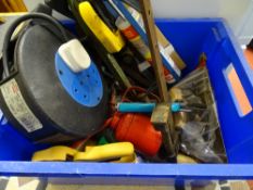 Blue tub of hand tools, extension cable, sash clamp etc and a two step small white stepladder E/T
