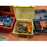 Bosch 9.6v cordless drill in case, red tub of garage items, socket sets etc and a wooden box