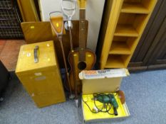 Simple guitar, wooden folding table, wooden box, shooting sticks and a Bosch drill etc E/T
