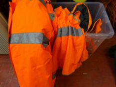 Tub of 'High Viz' jackets and safety boots