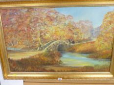 Large gilt framed oil on canvas - primitive scene of figures on a river bridge