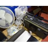 Pair of white desk fans and an Hitachi portable stereo radio E/T