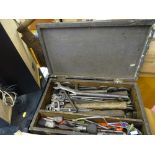 Wooden toolbox and contents of vintage spanners etc