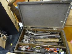 Wooden toolbox and contents of vintage spanners etc
