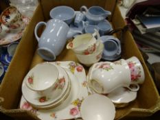 Box of rose decorated teaware, Swinnertons 'Chelsea Blue' china etc
