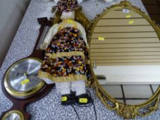 Porcelain headed doll, wall barometer and a gilt framed wall mirror