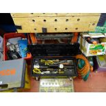 Bench and vice Workmate and a Stanley plastic toolbox and contents and Stanley case with screw