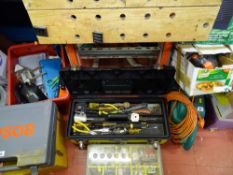 Bench and vice Workmate and a Stanley plastic toolbox and contents and Stanley case with screw