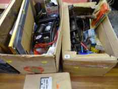 Two boxes of miscellaneous garage items, footpumps, hammers, inspection light etc