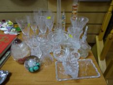 Mixed glassware including etched drinking glasses, paperweights, Galileo thermometers etc