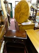 Small polished wood inlaid hall table with centre shelf and upper drawer and a small coffee table