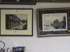Two etchings - cobbled street scene and a lake scene